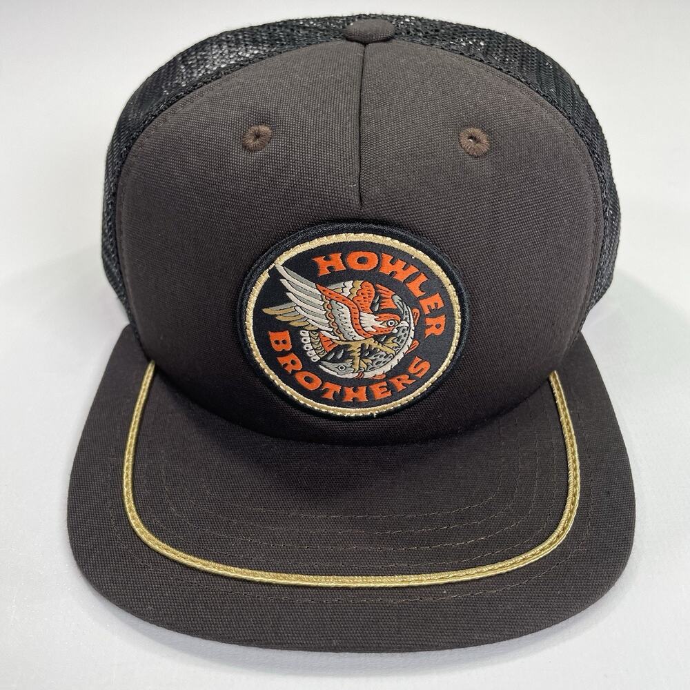 Howler Bros Trucker’s Brn/Blk Mesh Strapback Bird & Fish Patch Cap Heed The Call